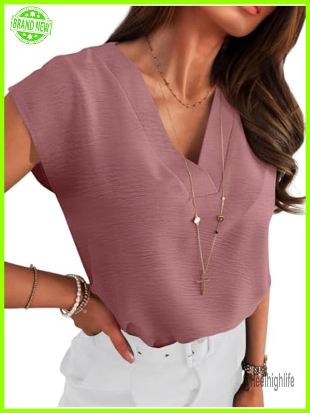 Women's V Neck Blouse Cap Sleeve Loose Fit Business Casual Top